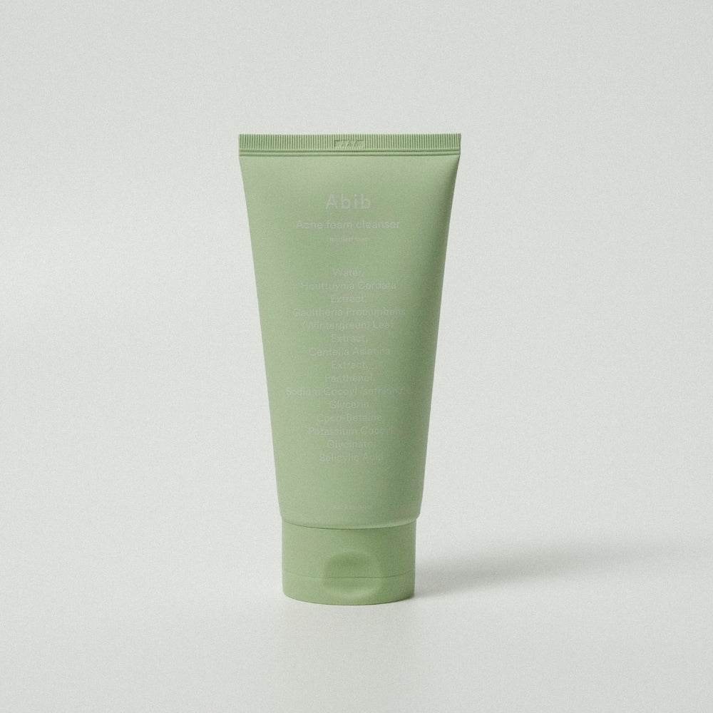 Abib Acne foam cleanser Heartleaf foam 150ml in a sleek green tube, perfect for gentle acne care and cleansing.
