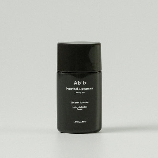 Abib Heartleaf sun essence Calming drop 50ml (SPF50+ PA++++) offers hydration and UV protection in a sleek bottle.